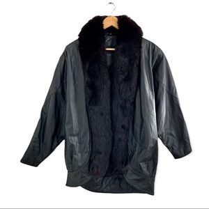 Jaqueline Ferrar Vintage Oversized Black Leather Jacket with Fur Trim